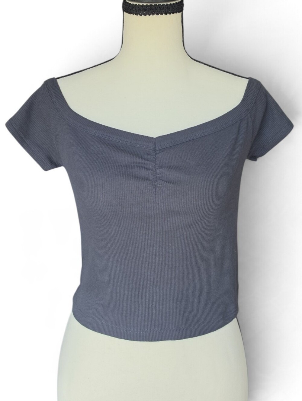 American Eagle Cinched Off-The-Shoulder Crop Top In Charcoal Gray-Size Medium